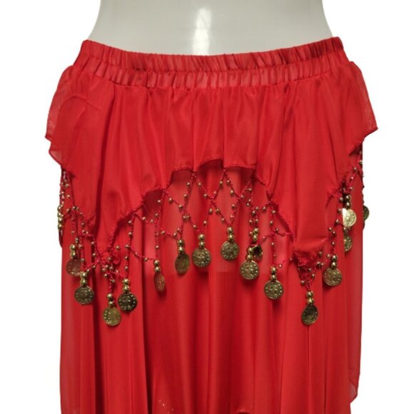 Red Short Skirt Belly Dancing Skirt Crocheted with Gold Beads and Coins  NEW - Picture 2 of 5
